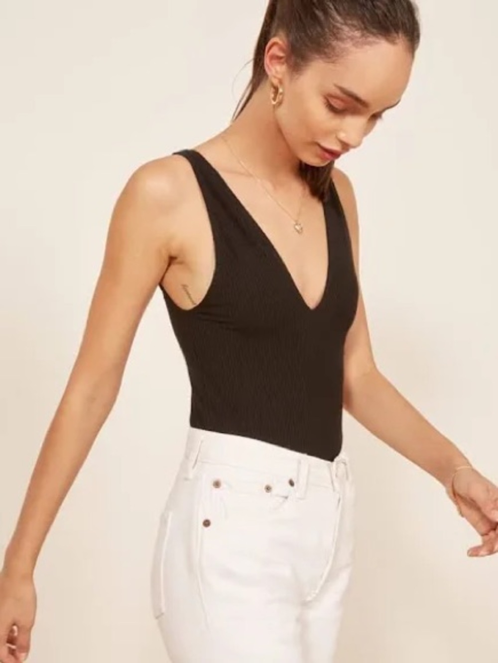 Reformation V-Neck Ribbed Black Bodysuit